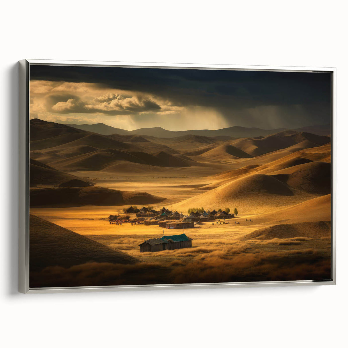 Framed canvas depicting a vintage-style Mongolian landscape in colorful art tones.