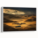 Vintage poster art of a Mongolian landscape on a framed canvas, featuring colorful art with black borders.