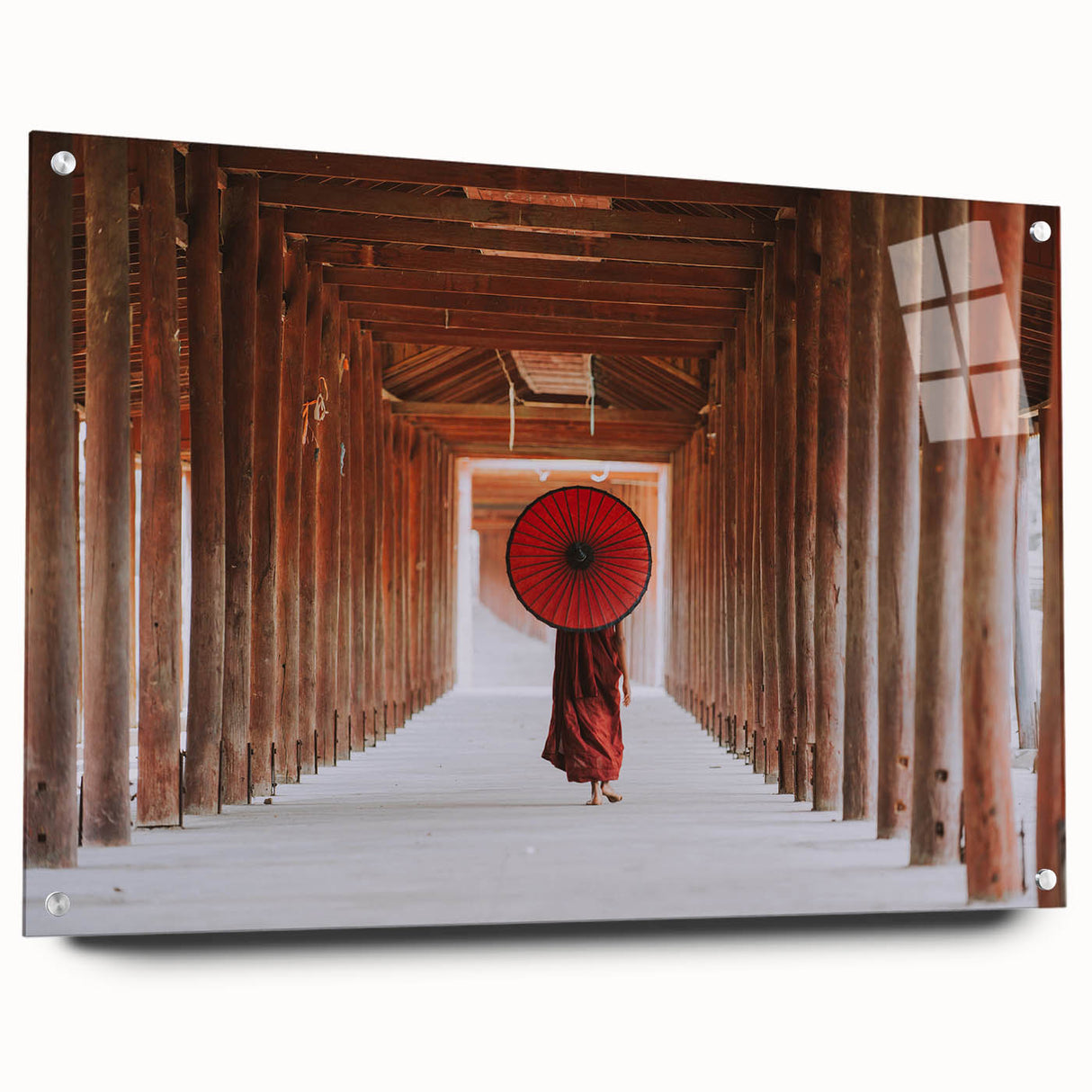 Large abstract wall art depicting a Myanmar landscape in muted earth tones on acrylic glass.
