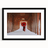 Extra large abstract art print of a colorful Asian landscape on textured canvas, framed in black.