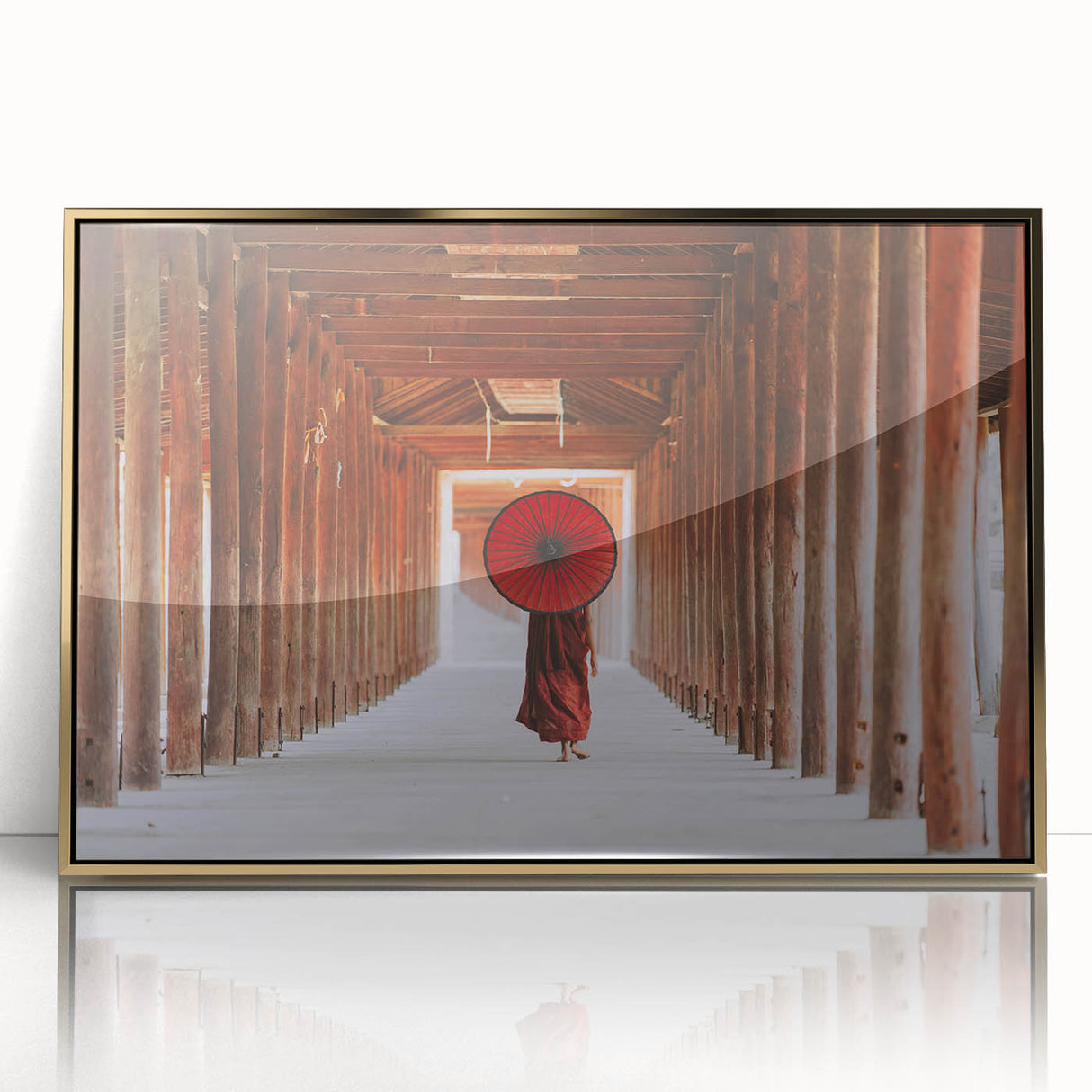 Large acrylic print of a Myanmar landscape in gold tones, ideal for modern art wall decor.