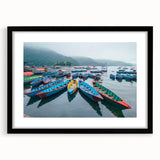 Extra large abstract art print featuring colorful, textured scenery of Nepal, in a black frame with mat.