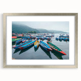 Textured abstract art print depicting a serene Nepalese landscape in muted earth tones, framed in silver.