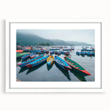 Abstract art print of a mountainous Nepal scenery in muted earth tones on a framed white mat, suitable for dining room decor.