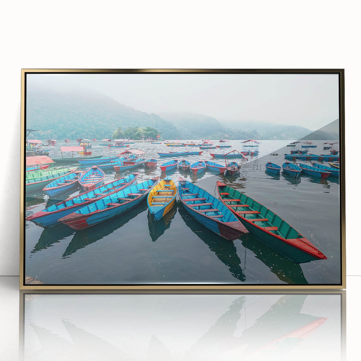 Large art print of a serene Nepalese landscape in muted earth tones, framed in gold acrylic, ideal for modern art wall decor.