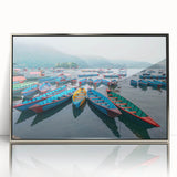 Mid-century modernist art of a Nepalese landscape in muted earth tones, framed acrylic print, suitable for nursery wall art.