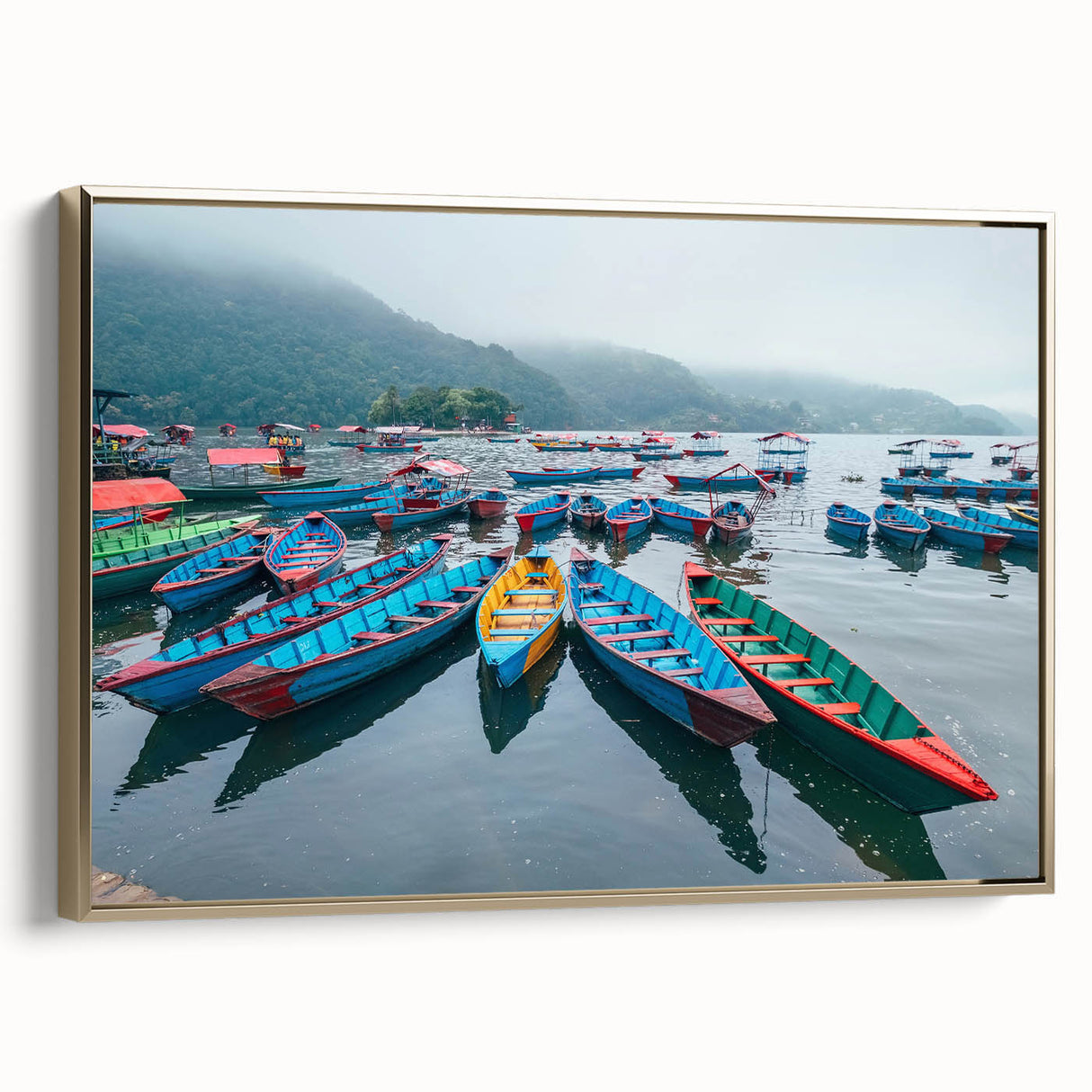 Framed canvas depicting a serene Nepalese landscape in muted earth tones, ideal for bedroom wall art.