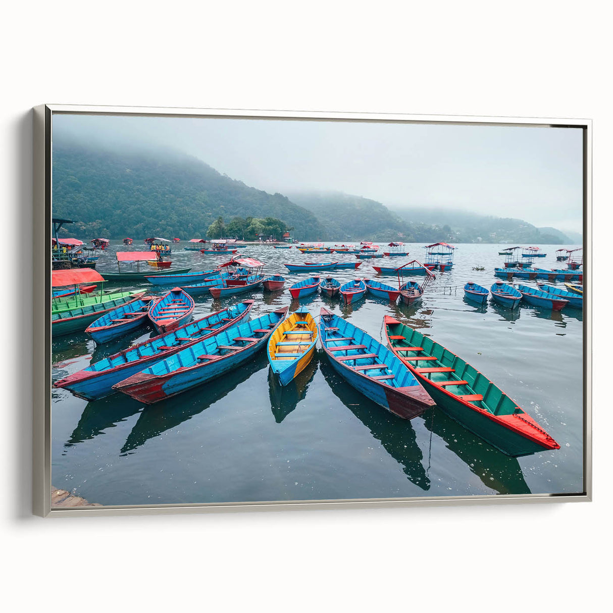 Landscape art painting of a Nepalese scenery in vibrant colors on a framed canvas, suitable for living room decor.