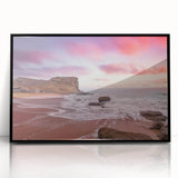 Large abstract wall art featuring a mid-century modernist design of Pakistani scenery in muted earth tones on a framed…