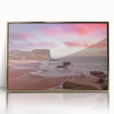 Mid-century modernist large art print of a serene Pakistani landscape in gold and green tones, acrylic framed.