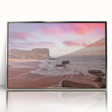 Mid-century modernist art depicting a serene Pakistani landscape in muted earth tones, framed in acrylic.