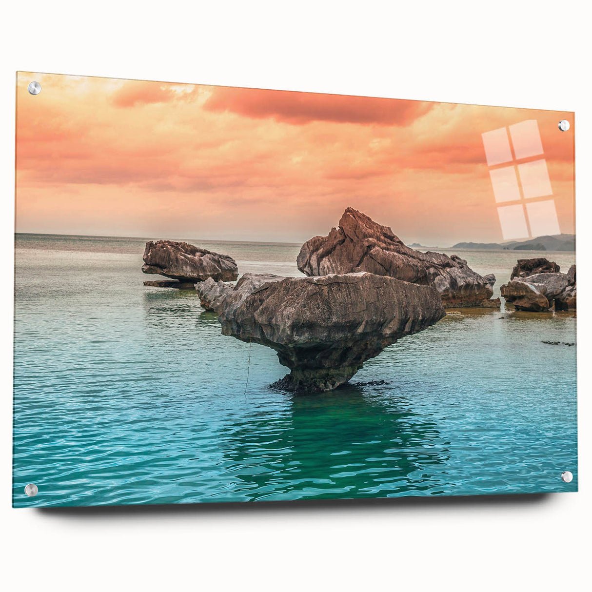 Acrylic glass print of a large abstract depiction of a Philippine landscape in blue and green tones.