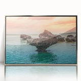 Mid-century modernist art depicting a serene Philippine landscape in muted earth tones, acrylic print framed in silver.