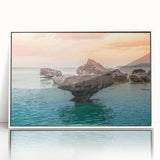 Acrylic print of a serene Philippine landscape in muted greens and blues, framed in white.