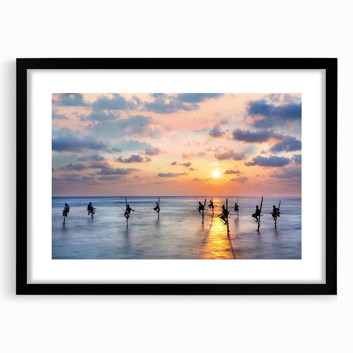 Extra large abstract art print of a colorful, textured scenery from Sri Lanka, in a black frame, ideal for living room decor.