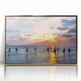 Mid-century modernist large art print of a Sri Lankan landscape, featuring vibrant green and blue tones on a framed acrylic.