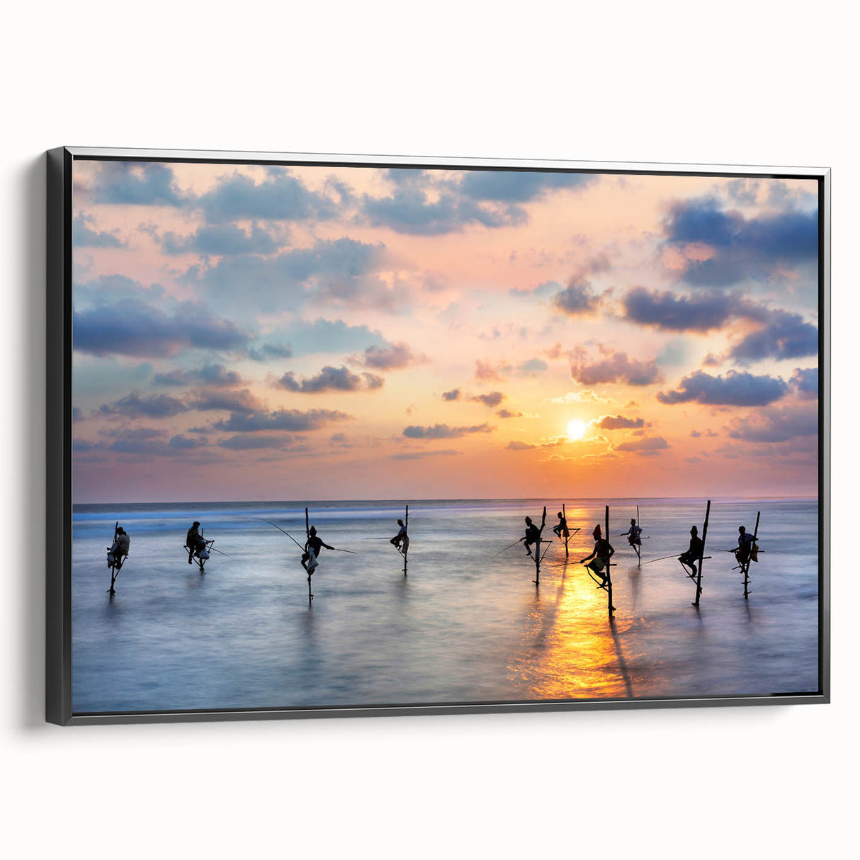 Black and white framed canvas featuring a vintage-style landscape painting of Sri Lankan scenery, ideal for bedroom wall art.