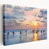 Large stretched canvas featuring a serene Sri Lankan landscape in muted green and blue tones, ideal for kitchen wall art.