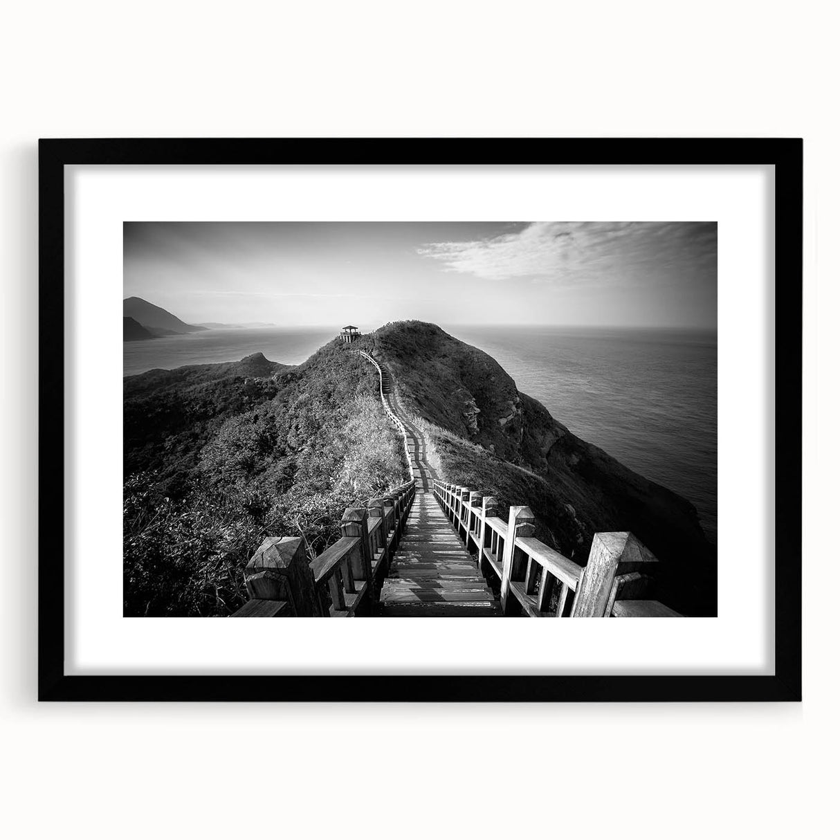 Extra large textured abstract art print of a colorful, stylized Taiwan scenery on a black framed canvas.
