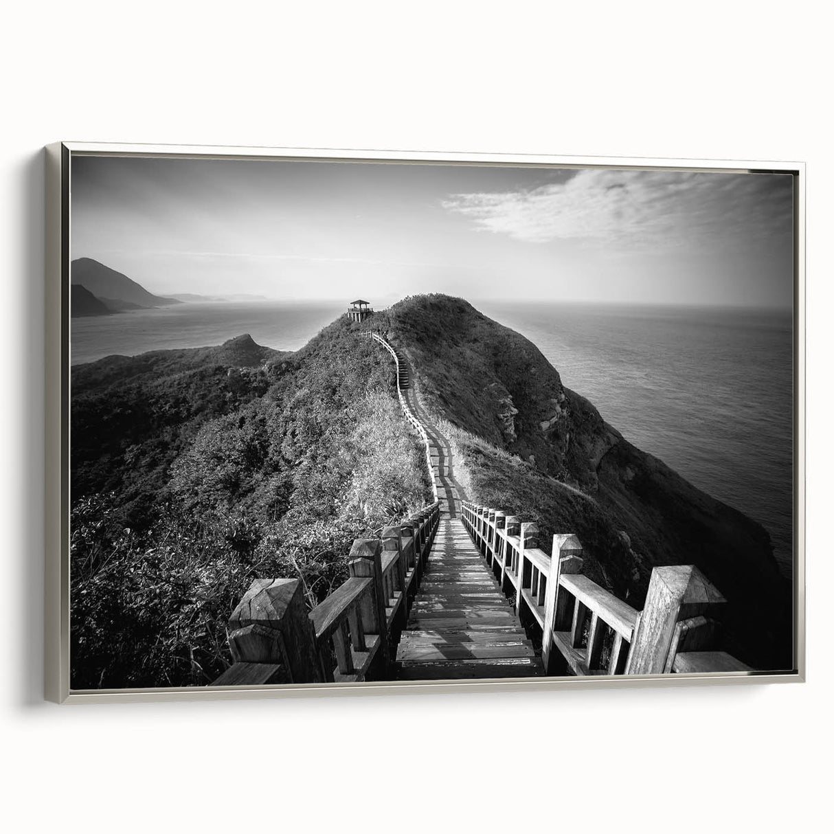 Framed canvas depicting a vintage-style Taiwanese landscape with vibrant colors on a black background.