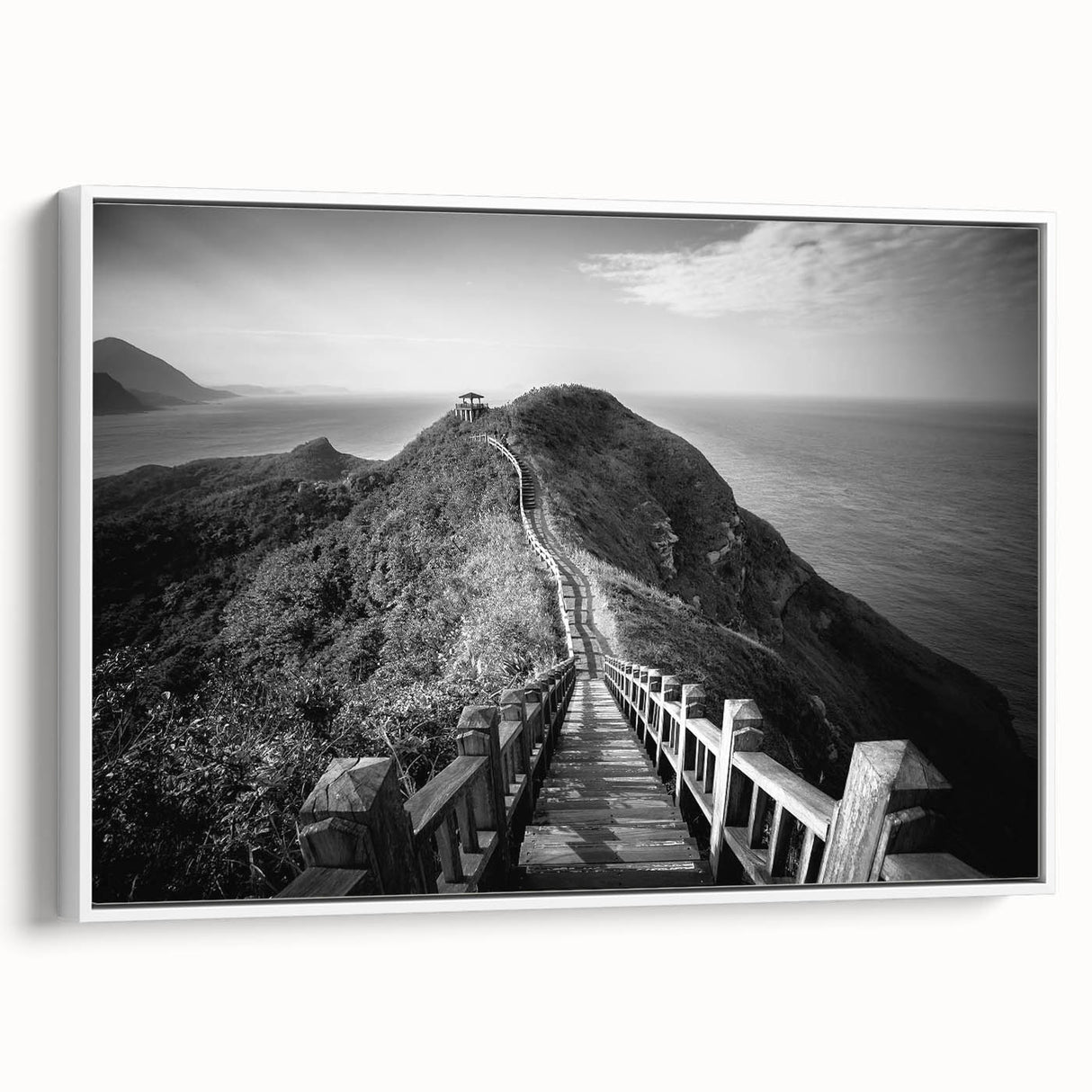 Vintage poster art of a scenic Taiwan landscape in vibrant colors on a framed canvas, ideal for living room decor.