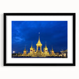 Extra large abstract art print of Bangkok scenery in vibrant colors on a textured canvas, framed in black.