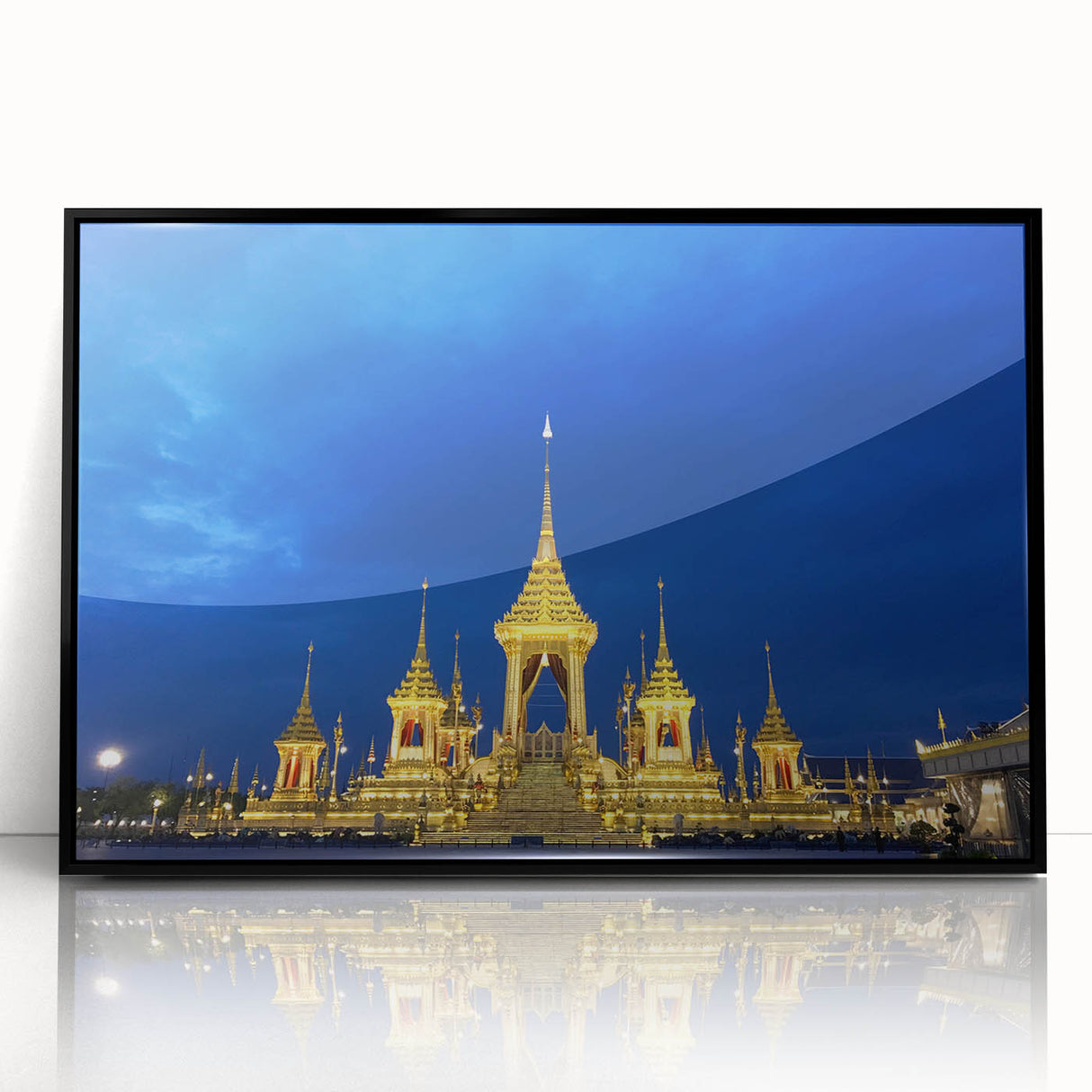 Large abstract wall art depicting Bangkok skyline in muted gray and blue tones on a framed acrylic.