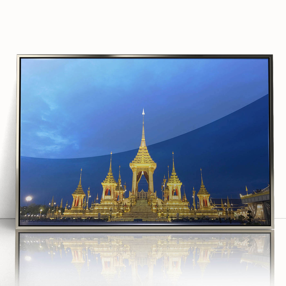 Mid-century modernist art of Bangkok skyline in muted gold and silver tones on framed acrylic.
