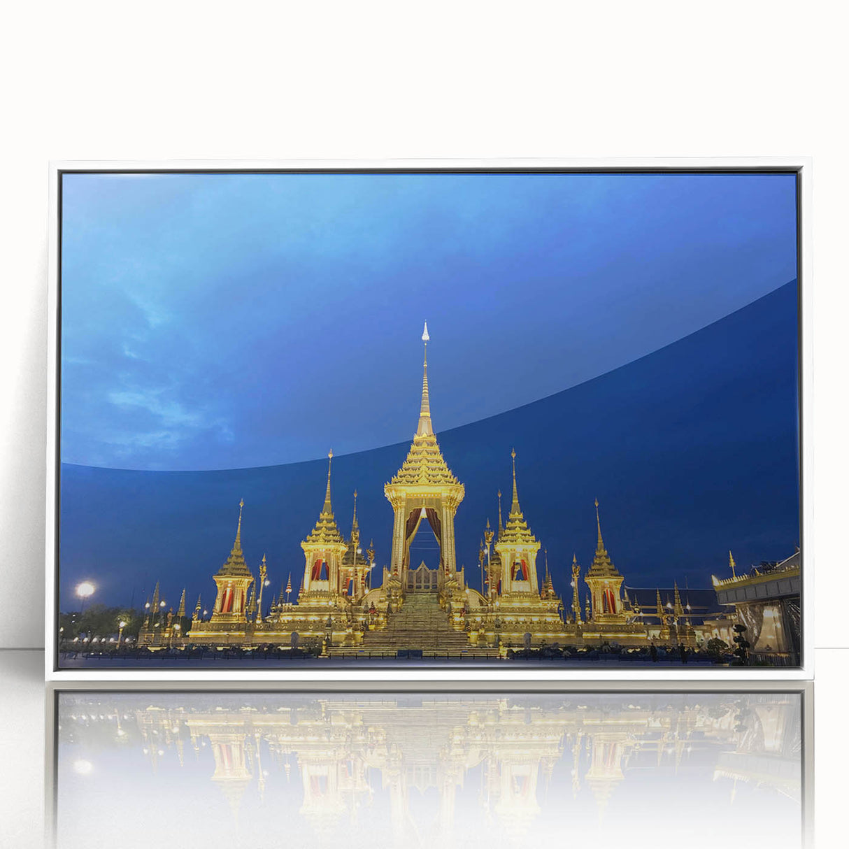 Framed acrylic print of Bangkok skyline in muted gray and blue tones, suitable for modern art wall decor.