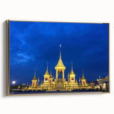 Framed canvas of a vintage Bangkok landscape in black and gold tones, ideal for bedroom wall art.