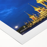 Art deco poster of Bangkok skyline in muted gold and blue tones on rolled canvas, suitable for dining room decor.