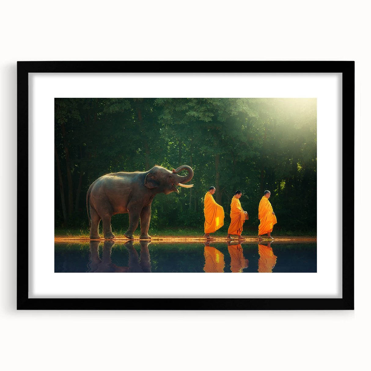 Extra large abstract art print depicting a vibrant, colorful Thai landscape on textured canvas, framed in black.