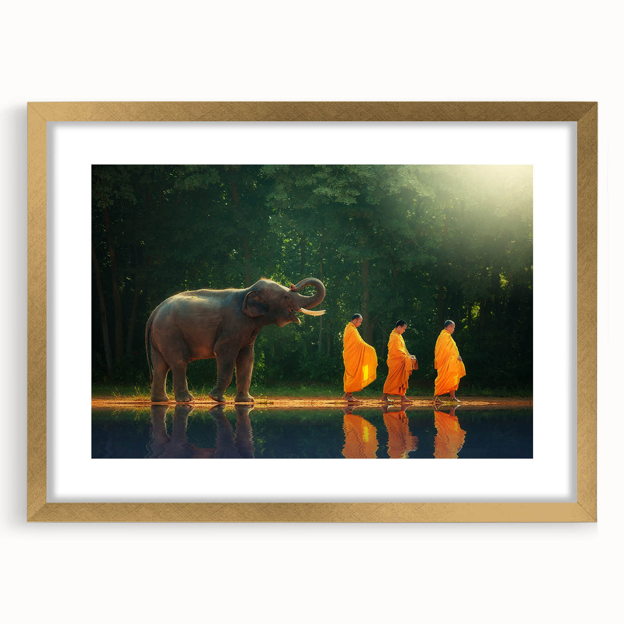 Extra large abstract art print featuring textured scenery of Thailand in muted gold and earth tones, framed with a mat.