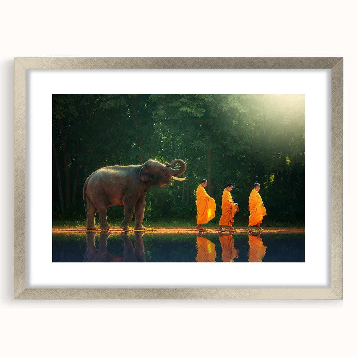 Textured art print of an abstract Thai scenery in muted earth tones on a framed silver mat, suitable for bedroom decor.