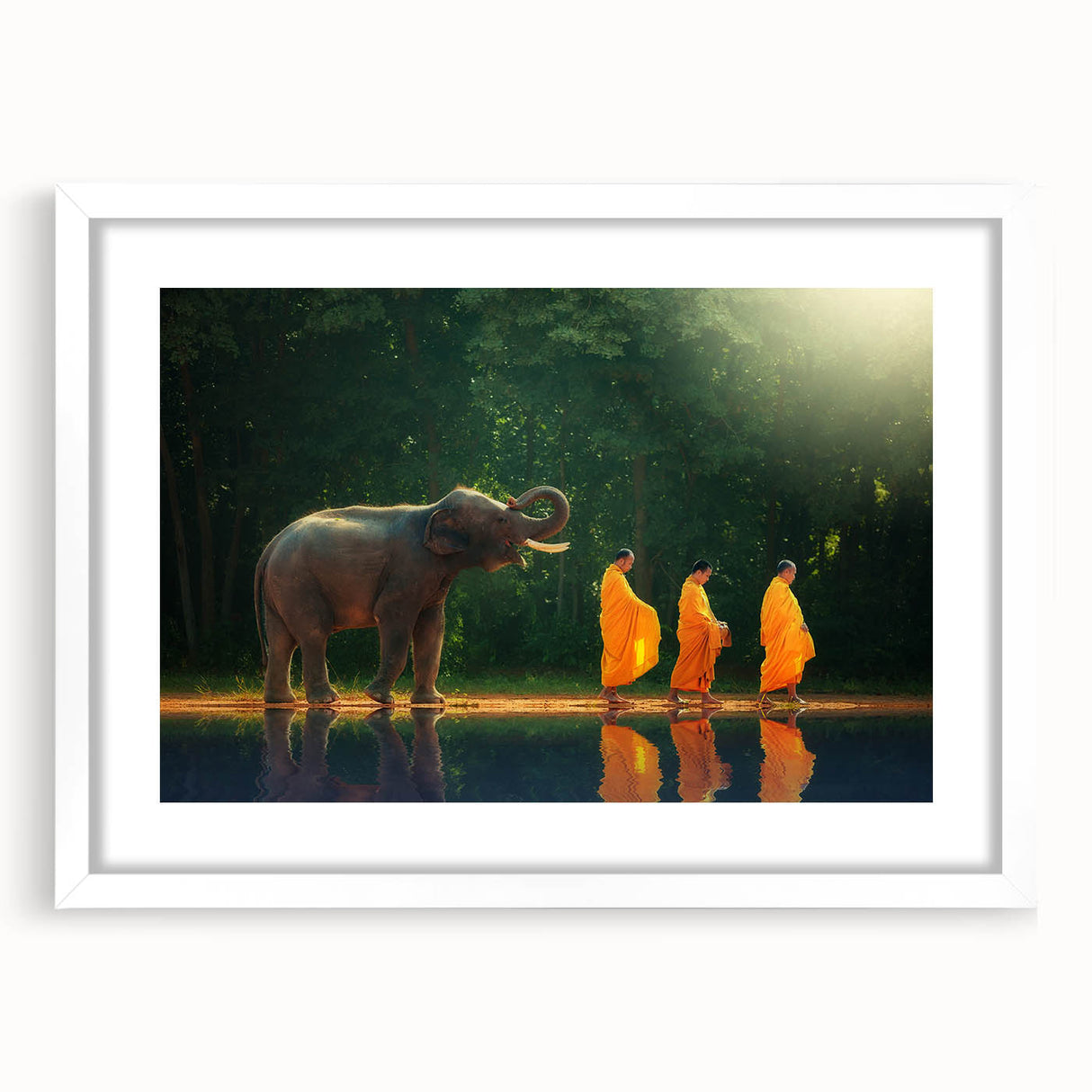 Abstract art print of a serene Thai landscape in soft blue and green hues on a white framed canvas.