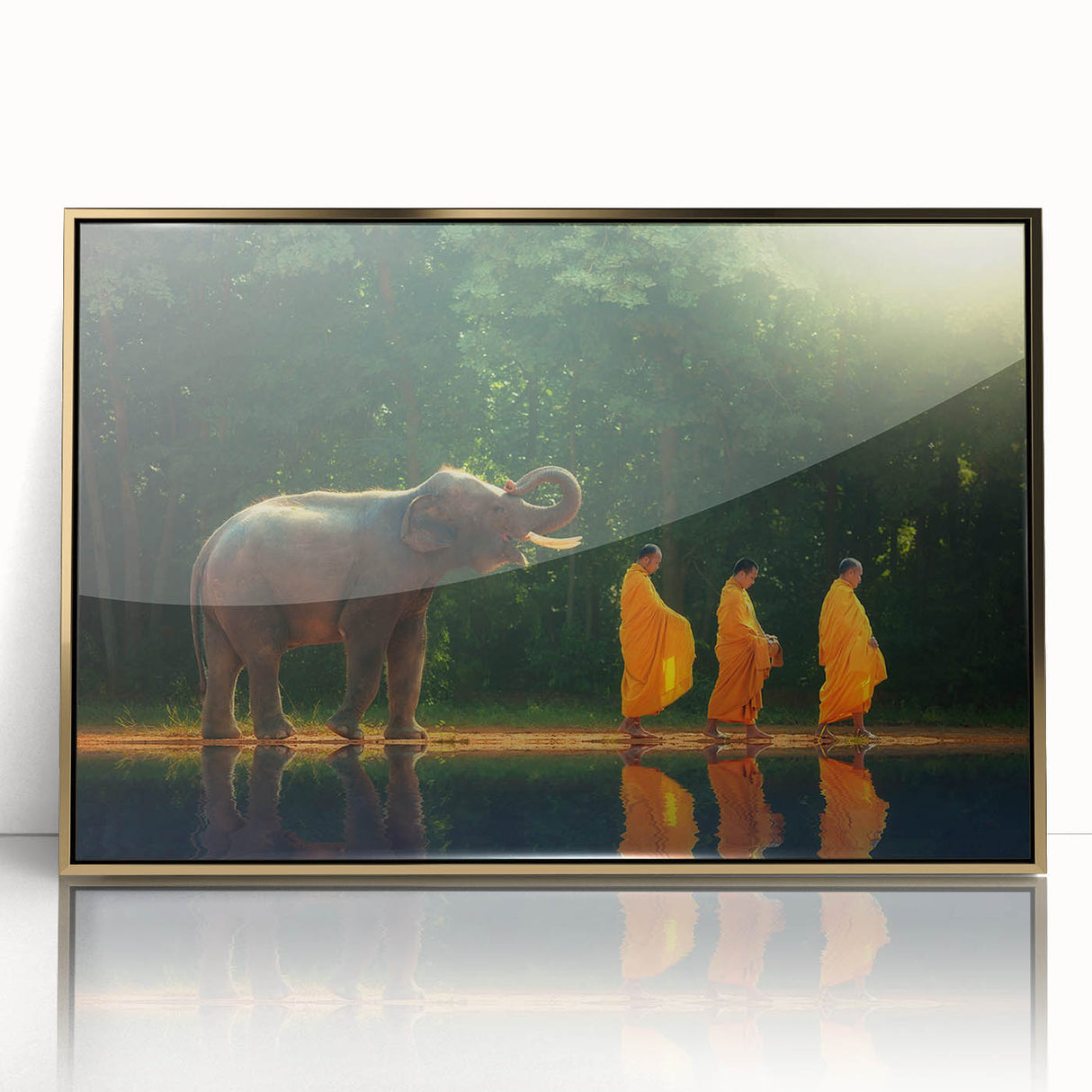 Large art print of a Thai landscape in muted gold and green tones on a framed acrylic, ideal for modern art wall decor.