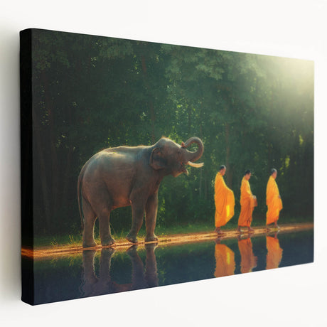 Large art of a Thai landscape on stretched canvas, featuring muted green and blue tones, ideal for kitchen wall art.