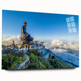 Large abstract wall art of a Vietnamese landscape in muted greens and blues on acrylic glass.