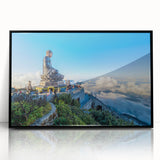 Large abstract wall art depicting a Vietnamese landscape in muted green and blue tones, framed acrylic.