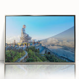 Mid-century modernist art depicting a serene Vietnamese landscape on a silver-framed acrylic print.