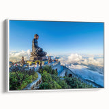 Vintage poster art of a Vietnamese landscape on framed canvas, featuring colorful elements against a black backdrop.