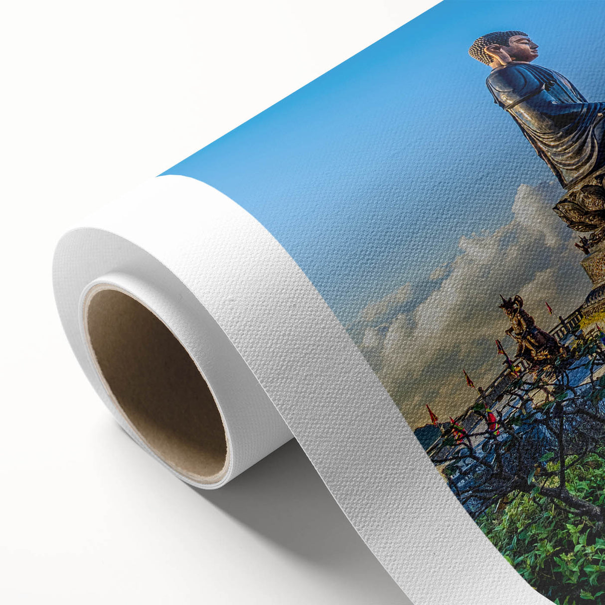 Art Deco style poster of Vietnam scenery on rolled canvas, featuring muted green and beige tones, ideal for nursery wall art.