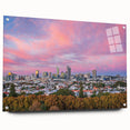 Large abstract wall art of Brisbane skyline in muted blue and gray on acrylic glass, ideal for bedroom or dining room decor.