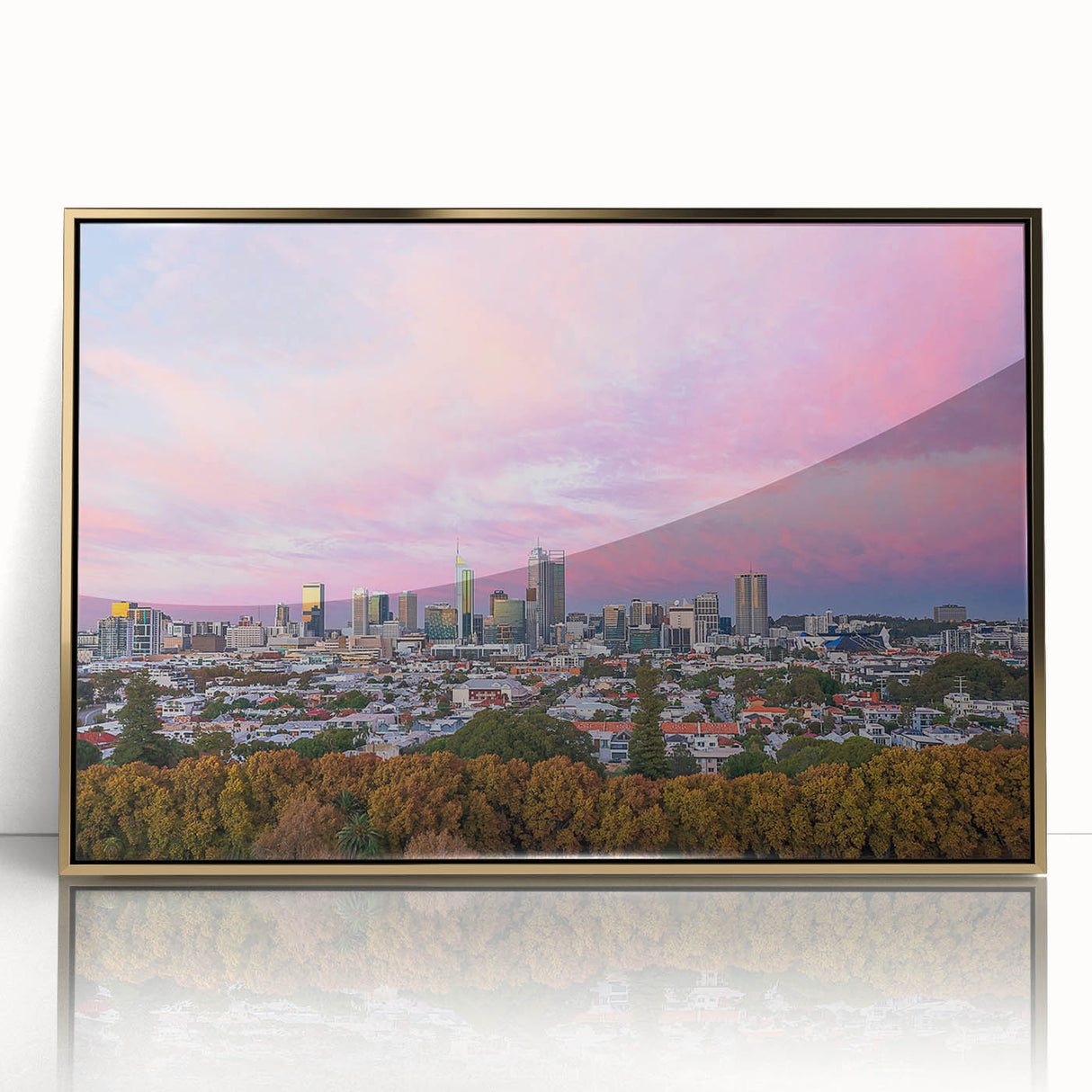 Mid-century modernist art depicting Brisbane skyline in gold and black hues on a framed acrylic.