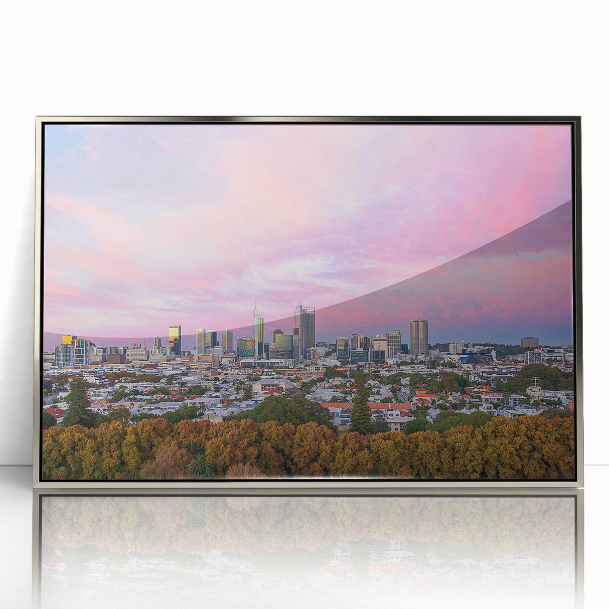 Acrylic print of Brisbane skyline in art deco style with silver frame, ideal for modern nursery wall art.
