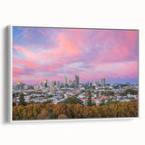 Framed canvas depicting a vintage-style Brisbane landscape in black and white, ideal for bedroom wall art.