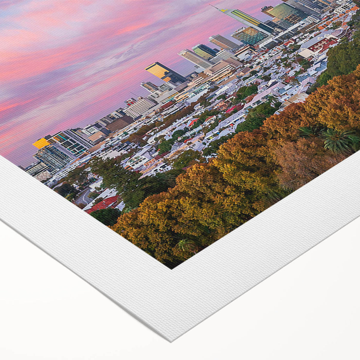 Art deco poster of Brisbane skyline in muted blue tones on rolled canvas, suitable for dining room wall art.