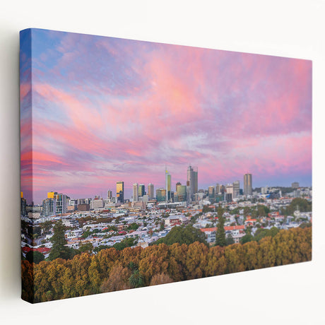 Large stretched canvas featuring a realistic Brisbane cityscape in muted earth tones, suited for kitchen wall art.