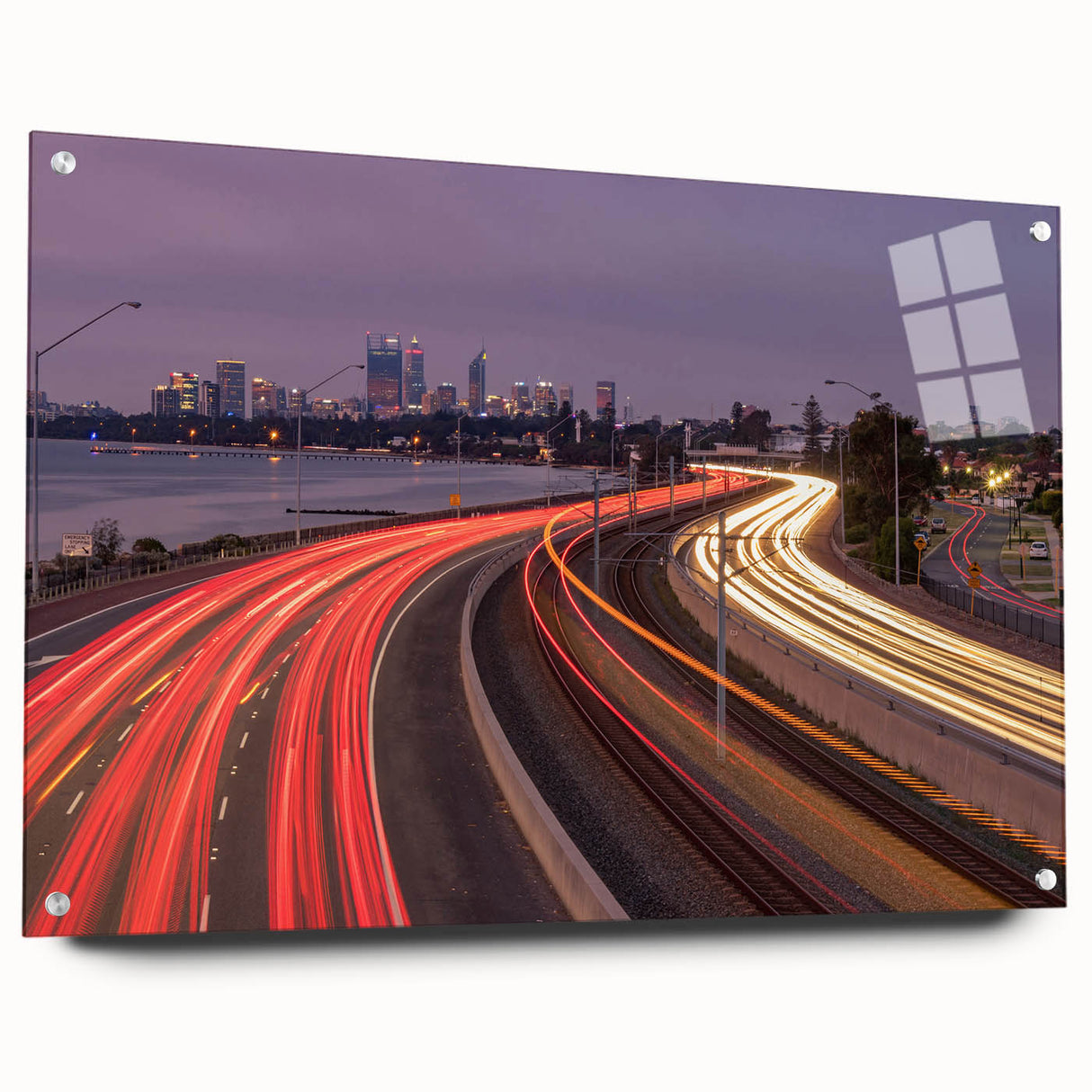 Acrylic print of Perth skyline in muted blue and gray tones, suitable for dining room or bedroom decor.