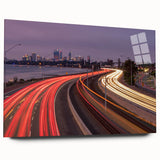 Large abstract wall art of Perth skyline in muted blue and gray on acrylic glass, ideal for bedroom or dining room decor.